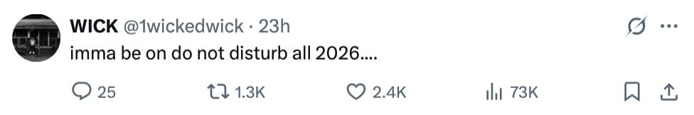 WICK @1wickedwick 23h ... imma be on do not disturb all 2026.... 25 1.3K 2.4K 73K 