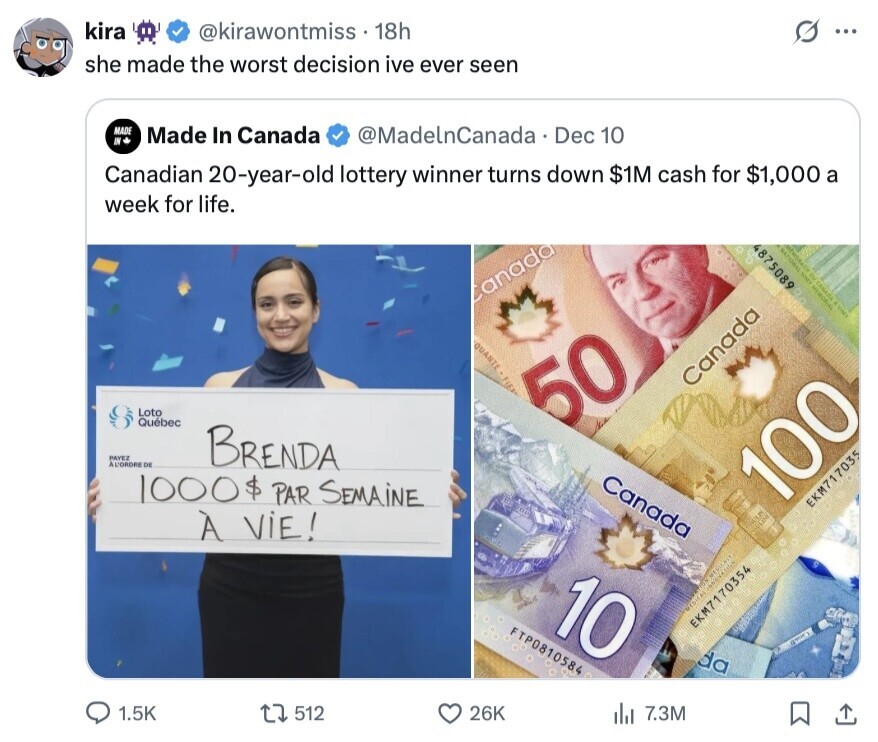 kira @kirawontmiss . 18h ... she made the worst decision ive ever seen MADE . Made In Canada @MadelnCanada Dec 10 Canadian 20-year-old lottery winner turns down $1M cash for $1,000 a week for life. NATIONAL VINEY au Canada CANADA MERORIAL LIMA QUANTE FIE Canada Loto Québec 50 PAYEZ A L'ORDRE DE BRENDA Canada 1000 $ PAR SEMAiNE 100 EKM717035 À ViE! SSULIN new S 10 IN MEDICALE INNOVATION EKM7170354 FTP0810584 da 1.5K 512 26K 7.3M