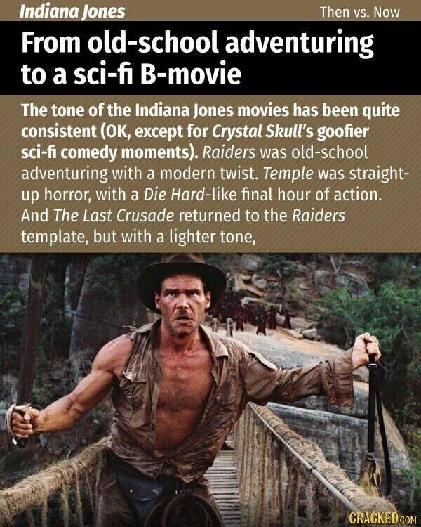 Indiana Jones Then vs. Now From old-school adventuring to a sci-fi B-movie The tone of the Indiana Jones movies has been quite consistent (ок, except for Crystal Skull's goofier sci-fi comedy moments). Raiders was old-school adventuring with a modern twist. Temple was straight- up horror, with a Die Hard-like final hour of action. And The Last Crusade returned to the Raiders template, but with a lighter tone, CRACKED.COM