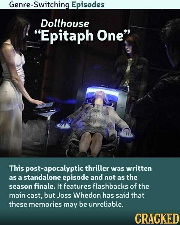 Genre-Switching Episodes Dollhouse Epitaph One This post-apocalyptic thriller was written as a standalone episode and not as the season finale. It features flashbacks of the main cast, but Joss Whedon has said that these memories may be unreliable. CRACKED