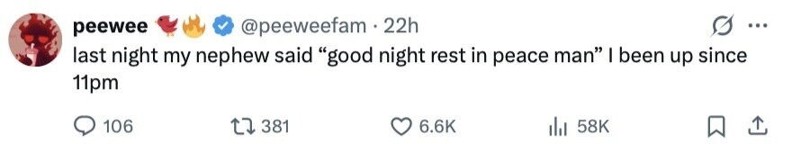 peewee @peeweefam 22h ... last night my nephew said good night rest in peace man I been up since 11pm 106 381 6.6K 58K 