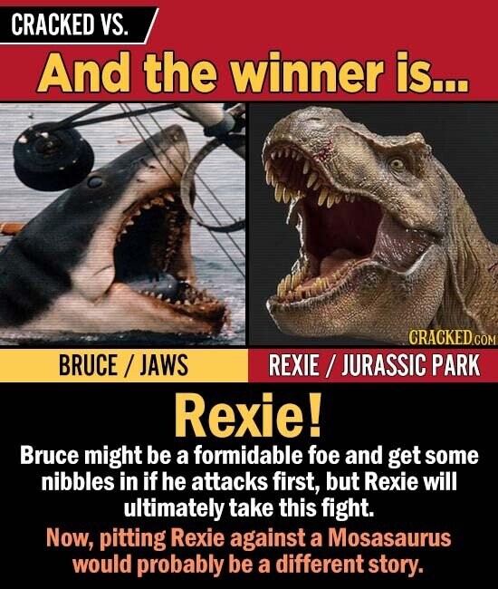 CRACKED VS. And the winner is... CRACKED COM BRUCE / JAWS REXIE JURASSIC PARK Rexie! Bruce might be a formidable foe and get some nibbles in if he attacks first, but Rexie will ultimately take this fight. Now, pitting Rexie against a Mosasaurus would probably be a different story.
