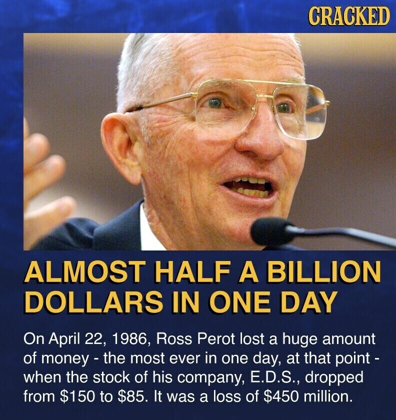 CRACKED ALMOST HALF A BILLION DOLLARS IN ONE DAY On April 22, 1986, Ross Perot lost a huge amount of money - the most ever in one day, at that point - when the stock of his company, E.D.S., dropped from $150 to $85. It was a loss of $450 million.
