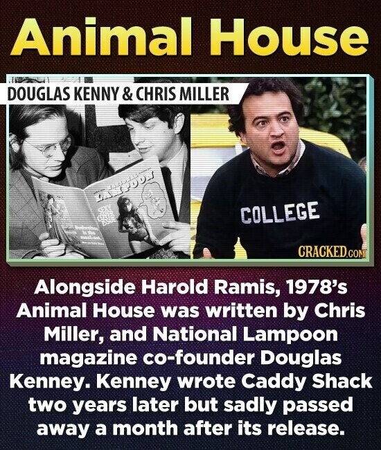 Animal House DOUGLAS KENNY & CHRIS MILLER LAMPOOS COLLEGE - CRACKED.COM Alongside Harold Ramis, 1978's Animal House was written by Chris Miller, and National Lampoon magazine co-founder Douglas Kenney. Kenney wrote Caddy Shack two years later but sadly passed away a month after its release.