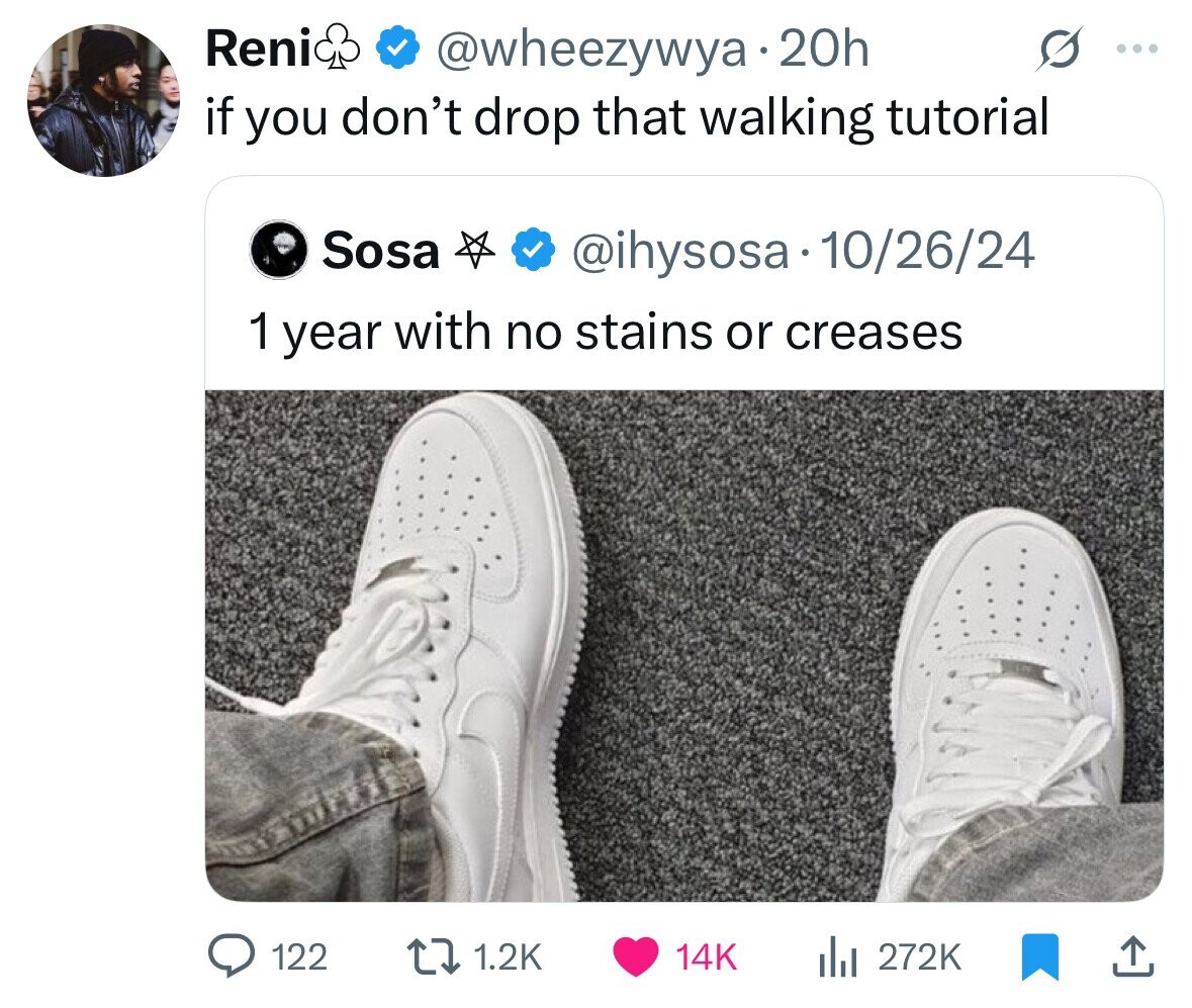 Reni @wheezywya 20h ... if you don't drop that walking tutorial Sosa @ihysosa 10/26/24 1 year with no stains or creases 122 1.2K 14K del 272K 