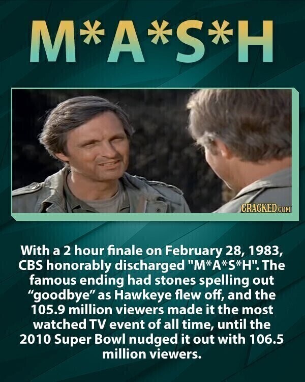 M*A*S*H CRACKED COM With a 2 hour finale on February 28, 1983, CBS honorably discharged M*A*S*H. The famous ending had stones spelling out goodbye as Hawkeye flew off, and the 105.9 million viewers made it the most watched TV event of all time, until the 2010 Super Bowl nudged it out with 106.5 million viewers.