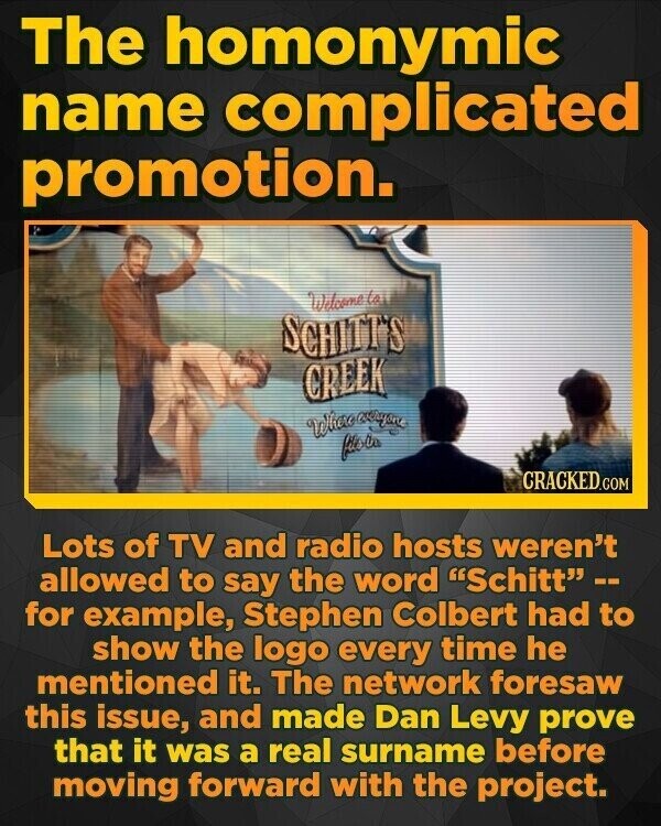 The homonymic name complicated promotion. Welcome lait SCHITT S CREEK file CRACKED.COM Lots of TV and radio hosts weren't allowed to say the word Schitt -- for example, Stephen Colbert had to show the logo every time he mentioned it. The network foresaw this issue, and made Dan Levy prove that it was a real surname before moving forward with the project.