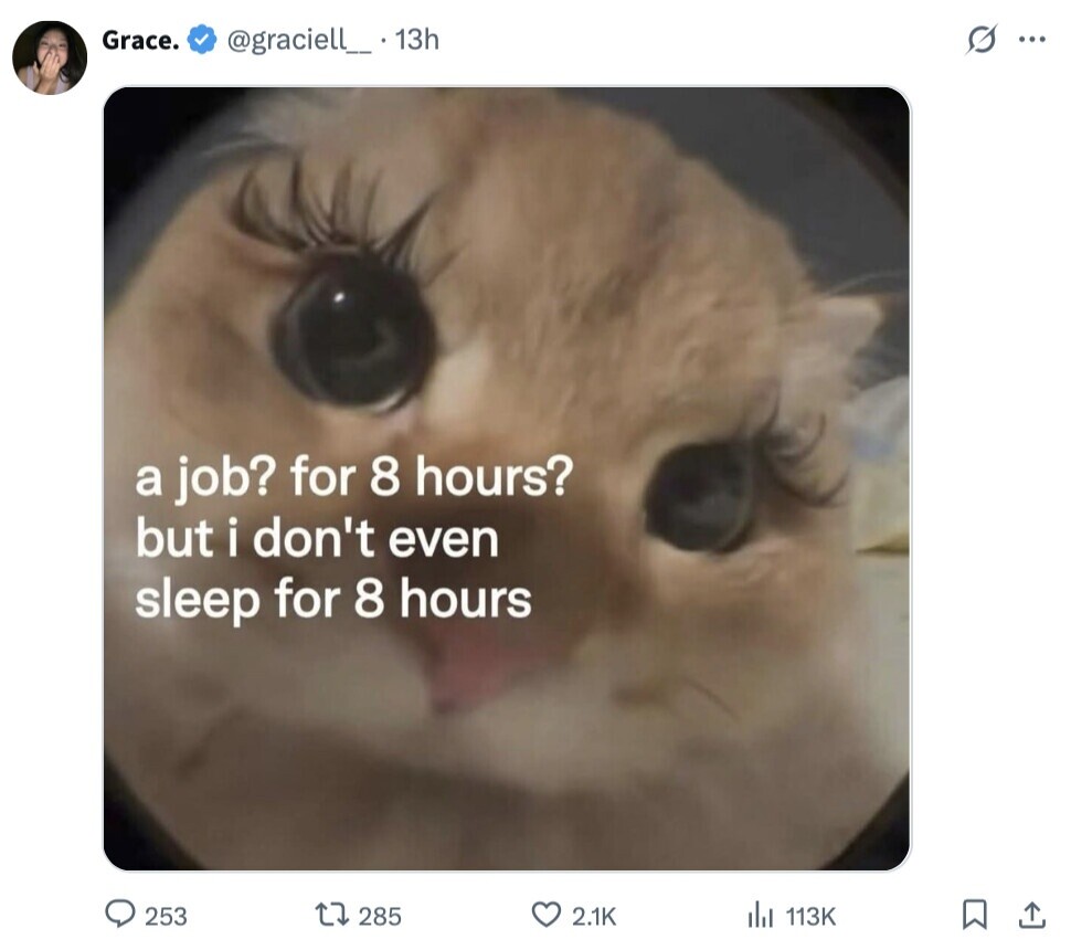 Grace. s... @graciell_ . 13h a job? for 8 hours? but i don't even sleep for 8 hours del 113K 253 285 2.1K 