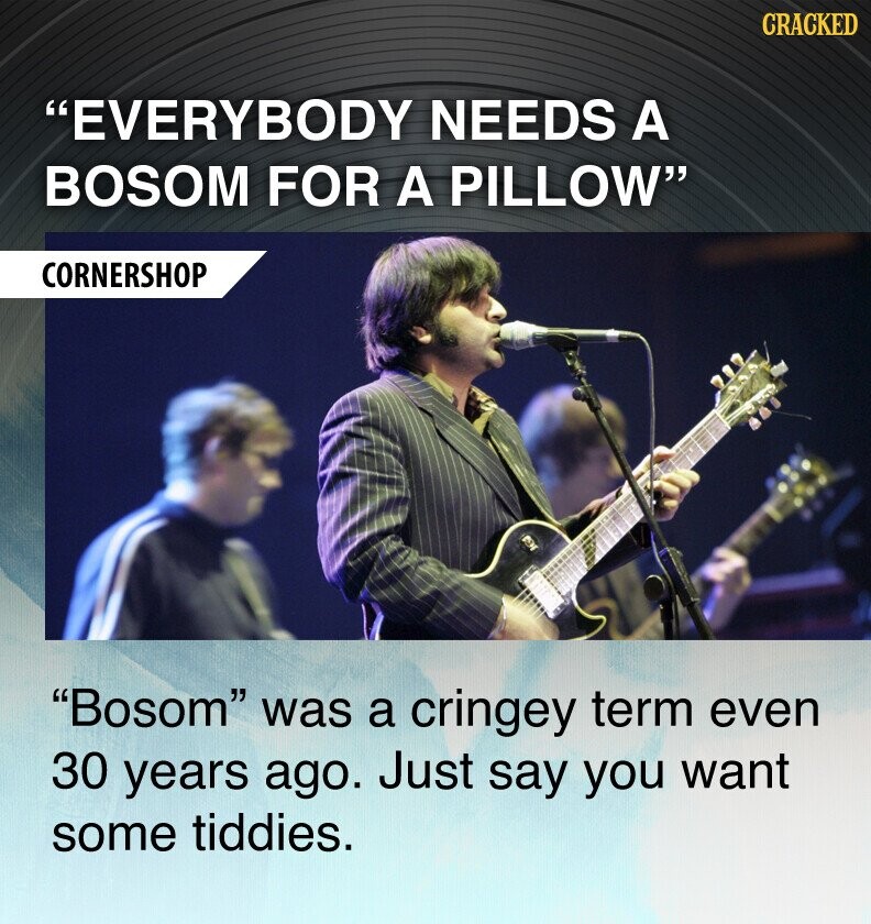 CRACKED EVERYBODY NEEDS A BOSOM FOR A PILLOW CORNERSHOP Bosom was a cringey term even 30 years ago. Just say you want some tiddies.
