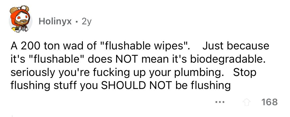 Holinyx . 2 2y A 200 ton wad of flushable wipes. Just because it's flushable does NOT mean it's biodegradable. seriously you're fucking up your plumbing. Stop flushing stuff you SHOULD NOT be flushing ... 168
