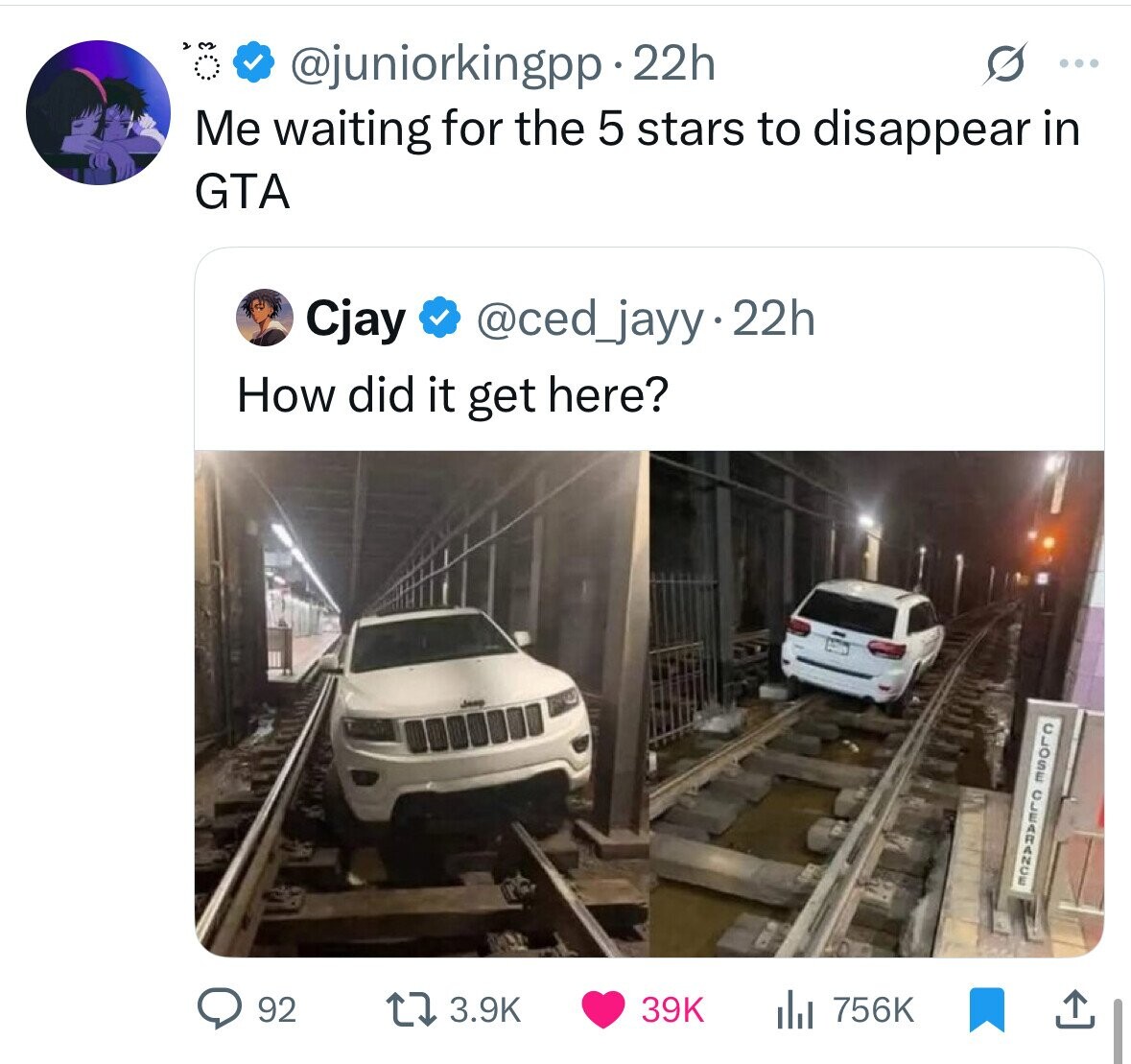 @juniorkingpp 22h G ... Me waiting for the 5 stars to disappear in GTA Cjay @ced_jayy.22h How did it get here? muson 92 3.9K 39K 756K 