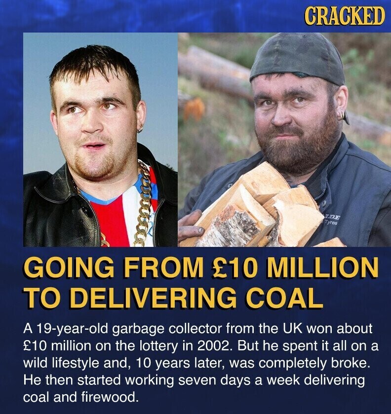 CRACKED IDE Tyres GOING FROM £10 MILLION TO DELIVERING COAL A 19-year-old garbage collector from the UK won about £10 million on the lottery in 2002. But he spent it all on a wild lifestyle and, 10 years later, was completely broke. Не then started working seven days a week delivering coal and firewood.