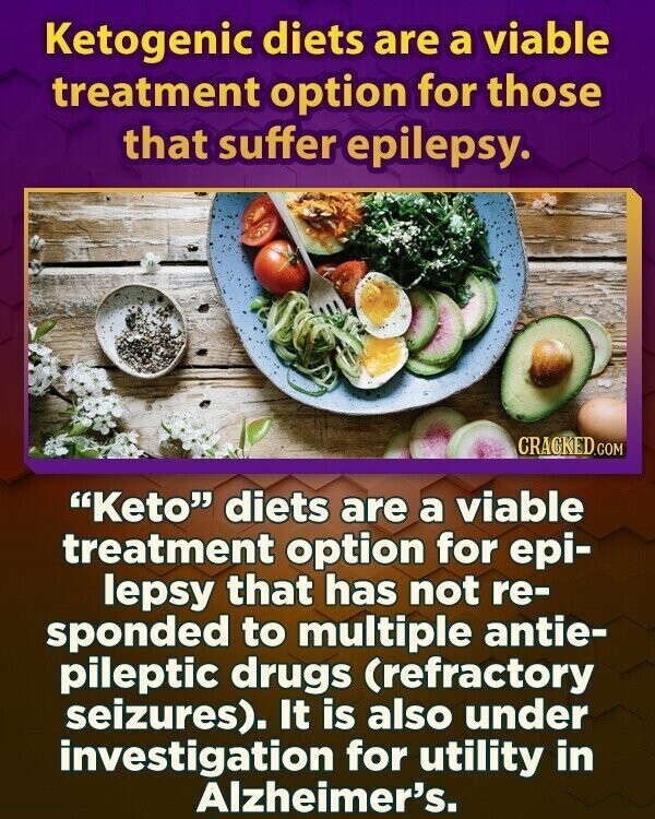 Ketogenic diets are a viable treatment option for those that suffer epilepsy. CRACKED.COM Keto diets are a viable treatment option for epi- lepsy that has not re- sponded to multiple antie- pileptic drugs (refractory seizures). It is also under investigation for utility in Alzheimer's.