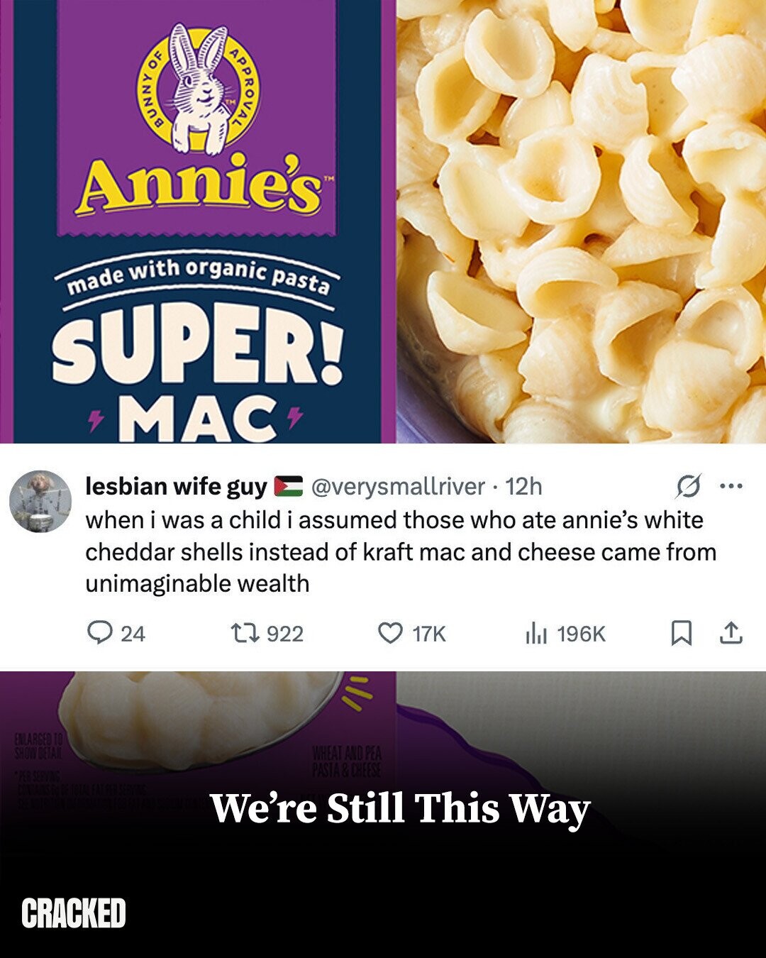 APPROVAL BUNNYOF Annie's TM made with organic pasta SUPER! MAC lesbian wife guy @verysmallriver 12h ... when i was a child i assumed those who ate annie's white cheddar shells instead of kraft mac and cheese came from unimaginable wealth 24 922 17K 196K ENLARGED 10 SHOW BETAJI WHEAT AND PEA PASTA & CHEESE *PER SERVING We're Still This Way CRACKED