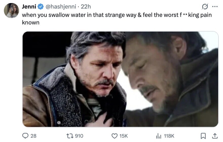 Jenni @hashjenni 22h ... when you swallow water in that strange way & feel the worst f * king pain known 28 910 15K del 118K 