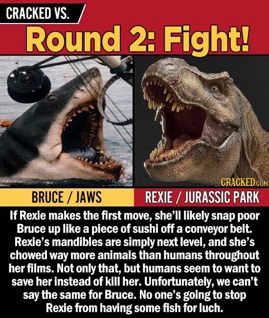 CRACKED VS. Round 2: Fight! CRACKED COM BRUCE / JAWS REXIE JURASSIC PARK If Rexie makes the first move, she'll likely snap poor Bruce up like a piece of sushi off a conveyor belt. Rexie's mandibles are simply next level, and she's chowed way more animals than humans throughout her films. Not only that, but humans seem to want to save her instead of kill her. Unfortunately we can't say the same for Bruce. No one's going to stop Rexie from having some fish for luch.