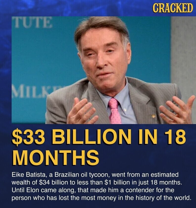 CRACKED TUTE MILK $33 BILLION IN 18 MONTHS Eike Batista, a Brazilian oil tycoon, went from an estimated wealth of $34 billion to less than $1 billion in just 18 months. Until Elon came along, that made him a contender for the person who has lost the most money in the history of the world.