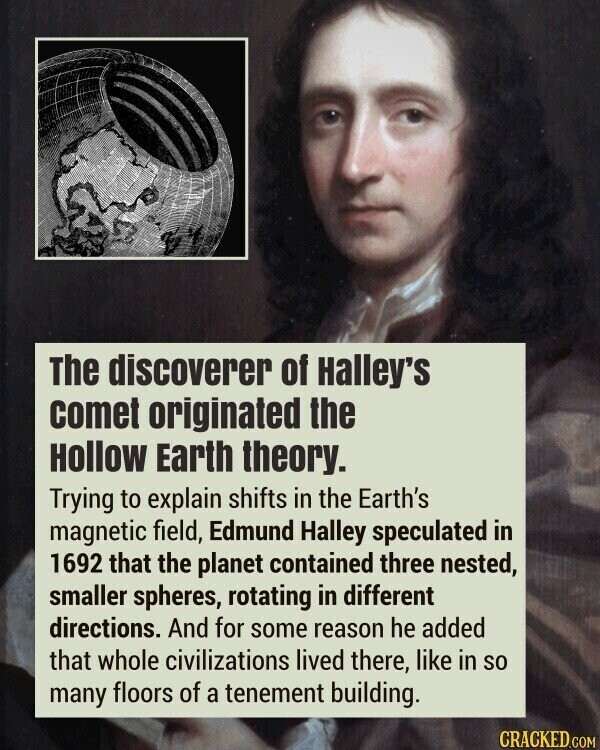 The discoverer of Halley's comet originated the Hollow Earth theory. Trying to explain shifts in the Earth's magnetic field, Edmund Halley speculated in 1692 that the planet contained three nested, smaller spheres, rotating in different directions. And for some reason he added that whole civilizations lived there, like in so many floors of a tenement building. CRACKED.COM