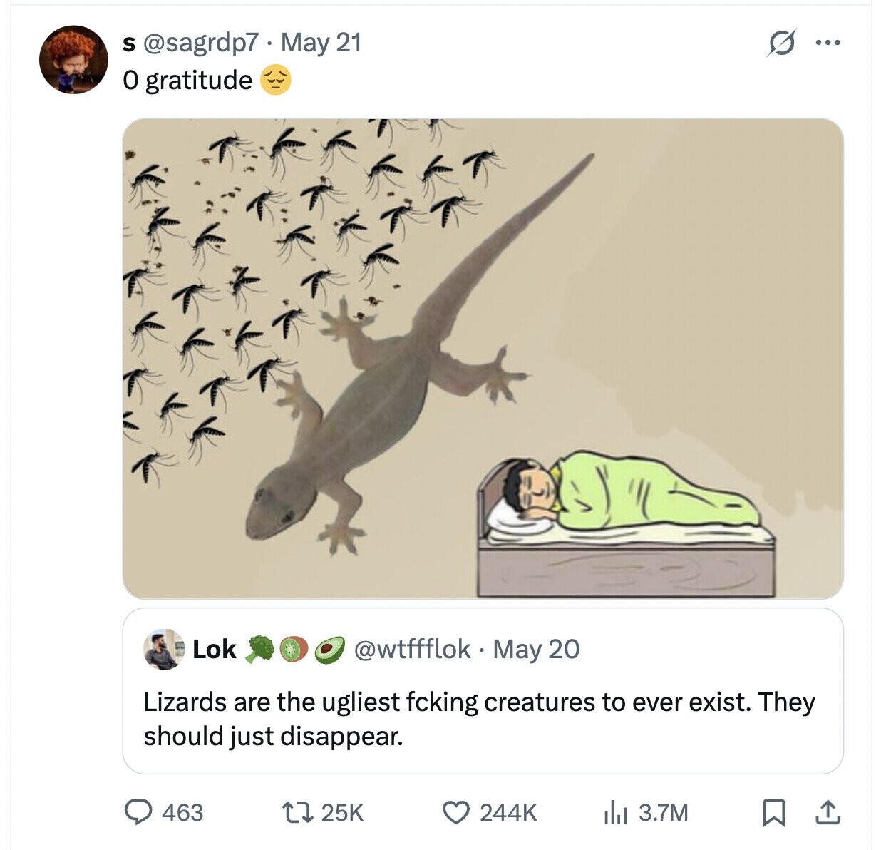 G ... S @sagrdp7 May 21 0 gratitude Lok @wtffflok May 20 Lizards are the ugliest fcking creatures to ever exist. They should just disappear. 244K 463 25K del 3.7M