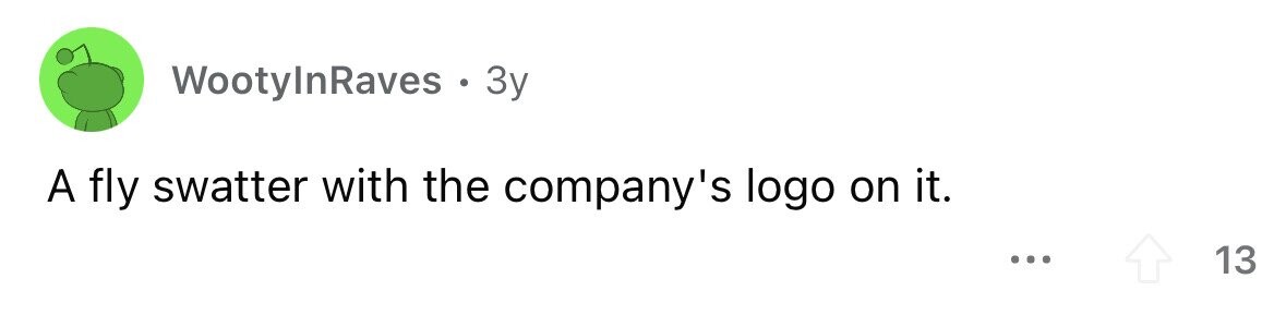 WootyInRaves . . 3y A fly swatter with the company's logo on it. ... 13