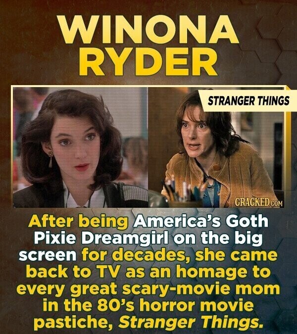 WINONA RYDER STRANGER THINGS CRACKED COM After being America's Goth Pixie Dreamgirl on the big screen for decades, she came back to TV as an homage to every great scary-movie mom in the 80's horror movie pastiche, Stranger Things.