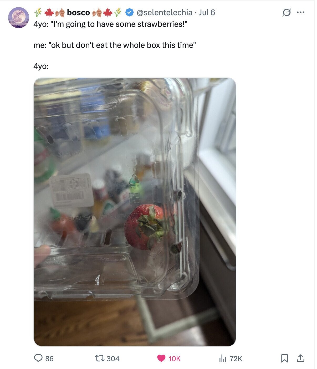 bosco @selentelechia Jul 6 G ... 4yo: I'm going to have some strawberries! me: ok but don't eat the whole box this time 4yo: 86 304 10K 72K ارار