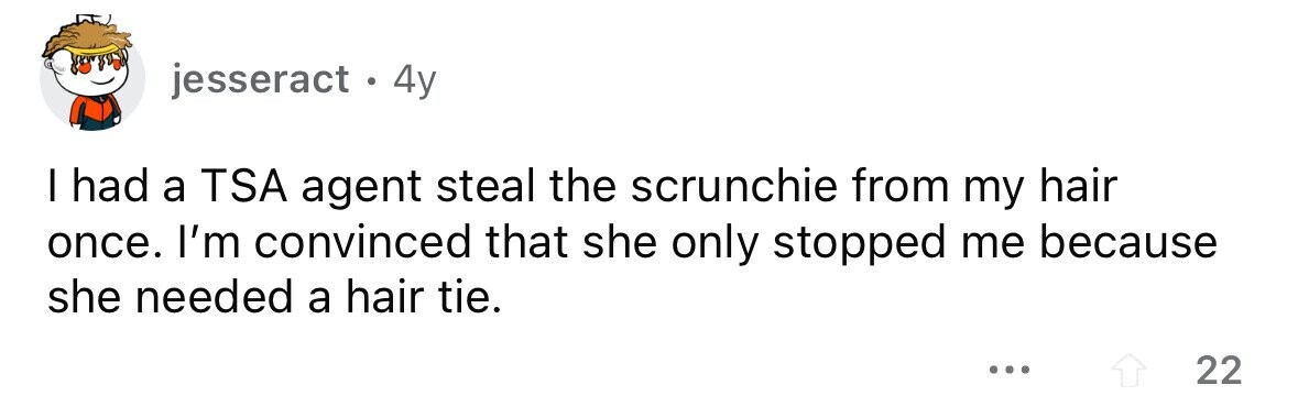 jesseract . 4y I had a TSA agent steal the scrunchie from my hair once. I'm convinced that she only stopped me because she needed a hair tie. ... 22