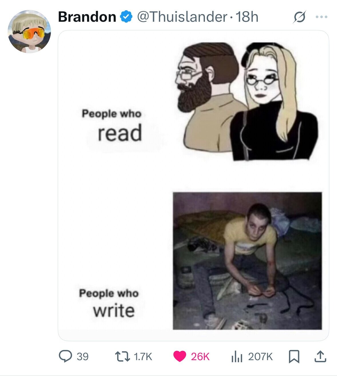 Brandon @Thuislander. 18h S ... People who read People who write 39 1.7K 26K 207K 