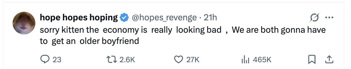 hope hopes hoping @hopes_revenge . 2 21h ... sorry kitten the economy is really looking bad , We are both gonna have to get an older boyfriend 23 2.6K 27K 465K