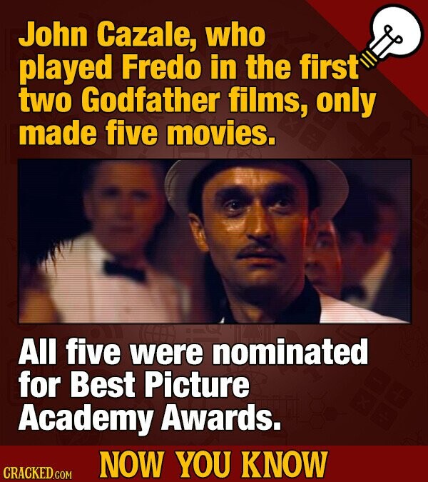 John Cazale, who played Fredo in the first two Godfather films, only made five movies. All five were nominated for Best Picture Academy Awards. NOW YOU KNOW CRACKED.COM