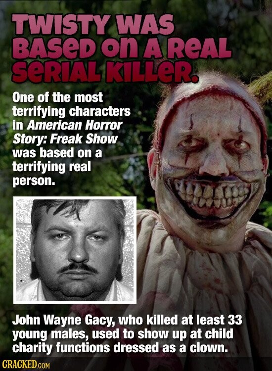 TWISTY WAS BASED on A REAL SERIAL KILLER. One of the most terrifying characters in American Horror Story: Freak Show was based on a terrifying real person. John Wayne Gacy, who killed at least 33 young males, used to show up at child charity functions dressed as a clown. CRACKED.COM