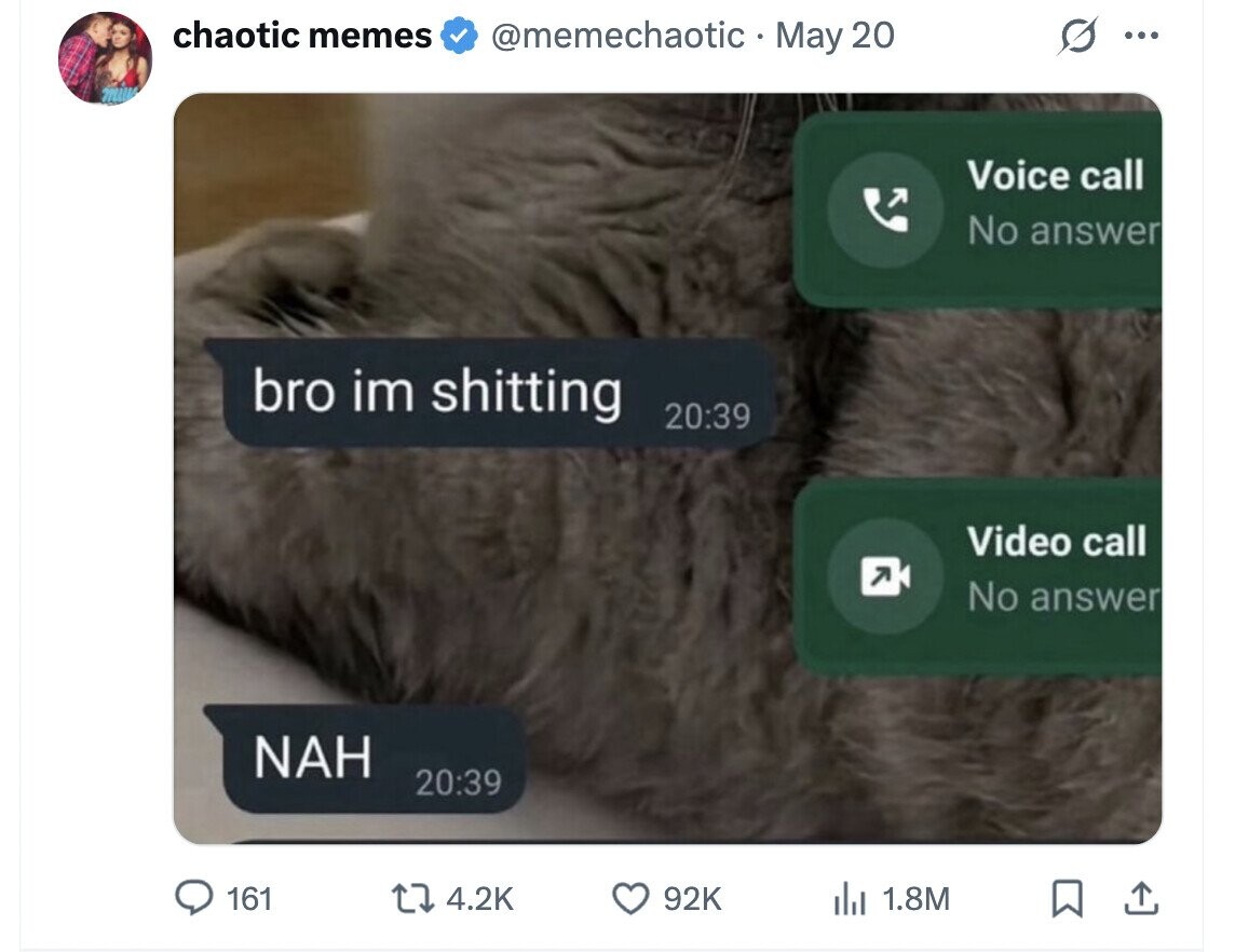 chaotic memes @memechaotic May 20 ... Voice call No answer bro im shitting 20:39 Video call No answer NAH 20:39 161 4.2K 92K 1.8M