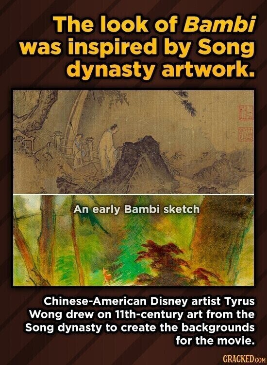 The look of Bambi was inspired by Song dynasty artwork. An early Bambi sketch Chinese-American Disney artist Tyrus Wong drew on 11th-century art from the Song dynasty to create the backgrounds for the movie. CRACKED.COM