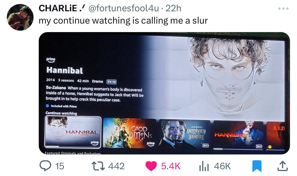 CHARLiE! @fortunesfool4u 22h my continue watching is calling me a slur prime Hannibal 2014 3 seasons 42 min Drama TV-14 Su-Zakana When a young woman's body is discovered Inside of a horse, Hannibal suggests to Jack that Will be brought in to help crack this peculiar case. Included with Prime Continue watching GOOD .... D RICE 1 RED INTERVIEW HANNIBAL OMeNs LICEN Far HANNIBA HAMPIRE prime prime BMC E Featured Originals and Exclusives 15 442 5.4K 46K