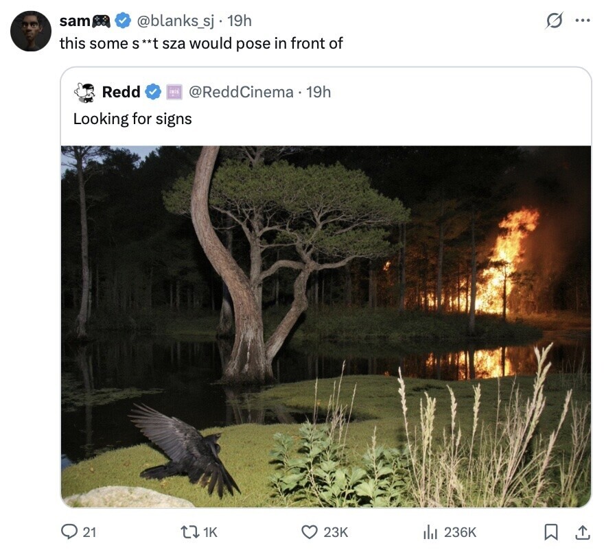 sam @blanks_sj_19h G ... this some S**t sza would pose in front of Redd and @ReddCinema 19h Looking for signs 21 1K 23K 236K 