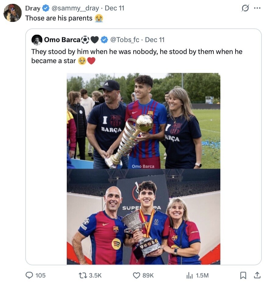 @sammy_dray Dec 11 G Dray ... Those are his parents Omo Barca @Tobs_fc Dec 11 They stood by him when he was nobody, he stood by them when he became a star SAZURI I BARÇA any BARÇA Omo Barca SUPER PA - - 105 3.5K 89K 1.5M