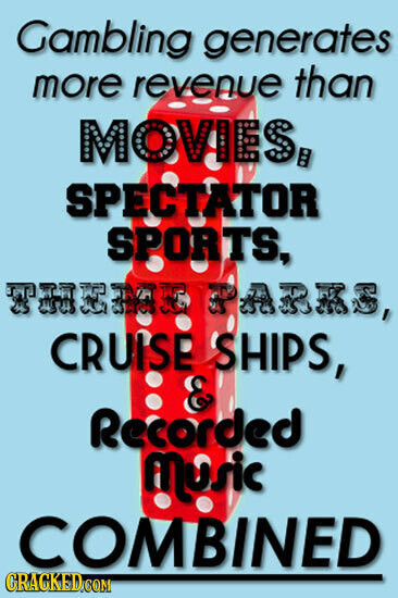 Gambling generates more revenue than MOVIES, SPECTATOR SPORTS, VASA ARMS CRUISE SHIPS, & Recorded music COMBINED CRACKED.COM