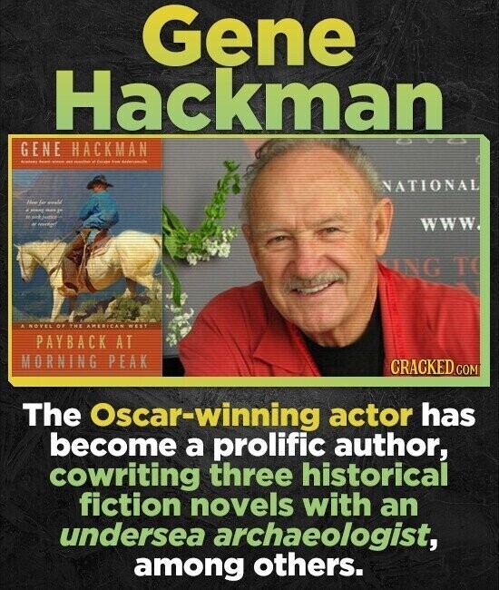 Gene Hackman is GENE HACKMAN - - - - - NATIONAL Here Je would . always - P TV er www. HNG TO A NOVEL OF THE AMERICAN WEST PAYBACK AT MORNING PEAK CRACKED.COM The Oscar-winning actor has become a prolific author, cowriting three historical fiction novels with an undersea archaeologist, among others.