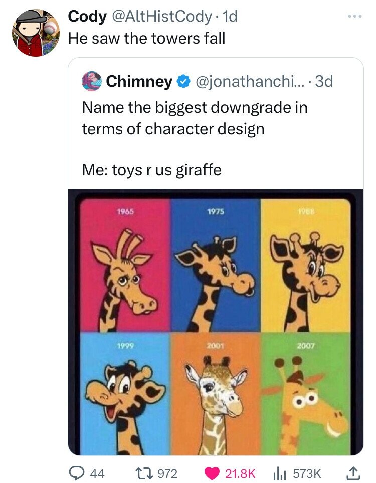 Cody @AltHistCody1 1d Не saw the towers fall Chimney @jonathanchi... 3d Name the biggest downgrade in terms of character design Me: toys r us giraffe 1965 1975 1988 1999 2001 2007 44 972 21.8K 573K