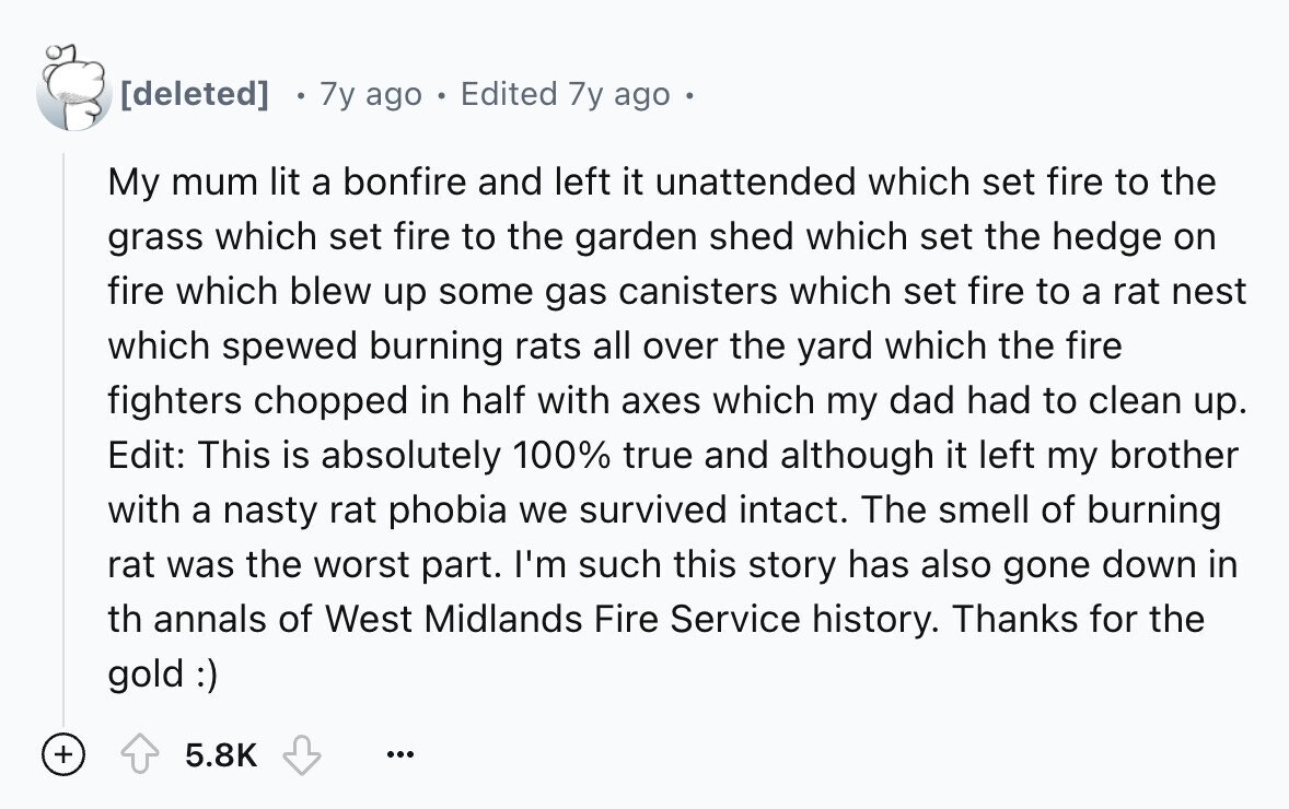 7y ago . Edited 7y ago My mum lit a bonfire and left it unattended which set fire to the grass which set fire to the garden shed which set the hedge on fire which blew up some gas canisters which set fire to a rat nest which spewed burning rats all over the yard which the fire fighters chopped in half with axes which my dad had to clean up. Edit: This is absolutely 100% true and although it left my brother with a nasty rat phobia we survived intact. The smell of burning rat was the worst