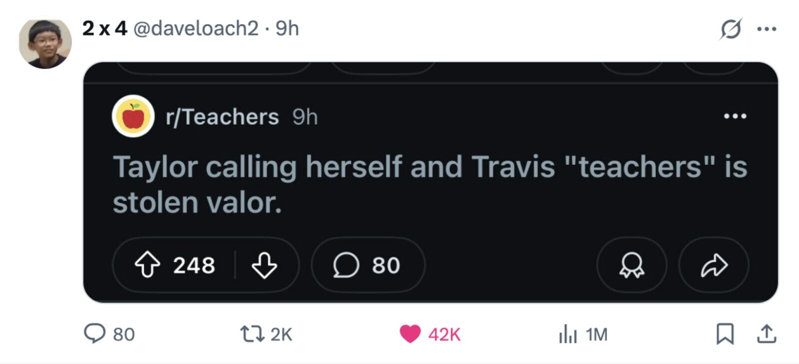 2x 4 @daveloach2.9h ... r/Teachers 9h ... Taylor calling herself and Travis teachers is stolen valor. 248 80 80 2K 42K 1M 