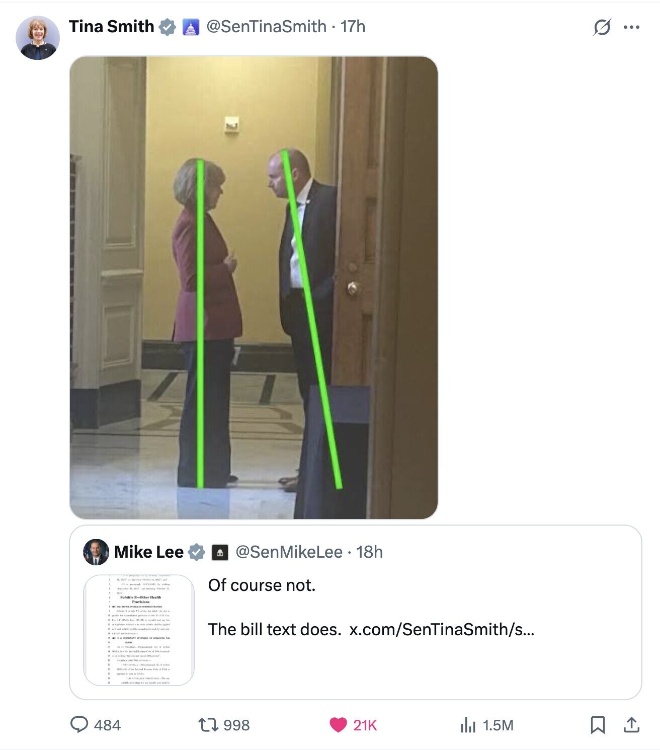 Tina Smith @SenTinaSmith. 17h S ... Mike Lee @SenMikeLee. 18h Of course not. The bill text does. x.com/SenTinaSmith/s... 484 998 21K 1.5M 