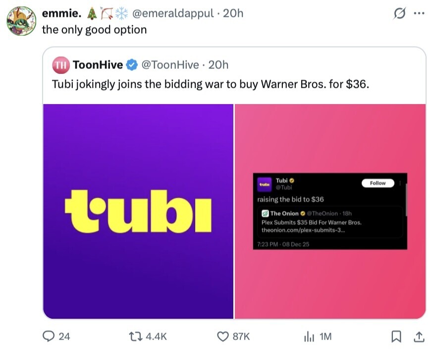 emmie. @emeraldappul.20h G ... the only good option ToonHive @ToonHive 20h TH Tubi jokingly joins the bidding war to buy Warner Bros. for $36. Tubi Follow tube @Tubi tubi raising the bid to $36 The Onion @TheOnion 18h Plex Submits $35 Bid For Warner Bros. theonion.com/plex-submits-3... 7:23 PM 0 0 Dec 25 24 4.4K 87K 1M