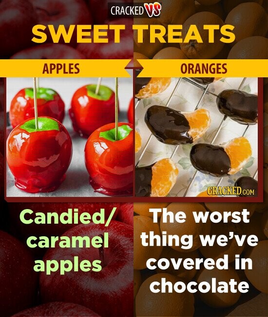 CRACKED VS SWEET TREATS APPLES ORANGES CRACKED.COM Candied/ The worst caramel thing we've covered in apples chocolate