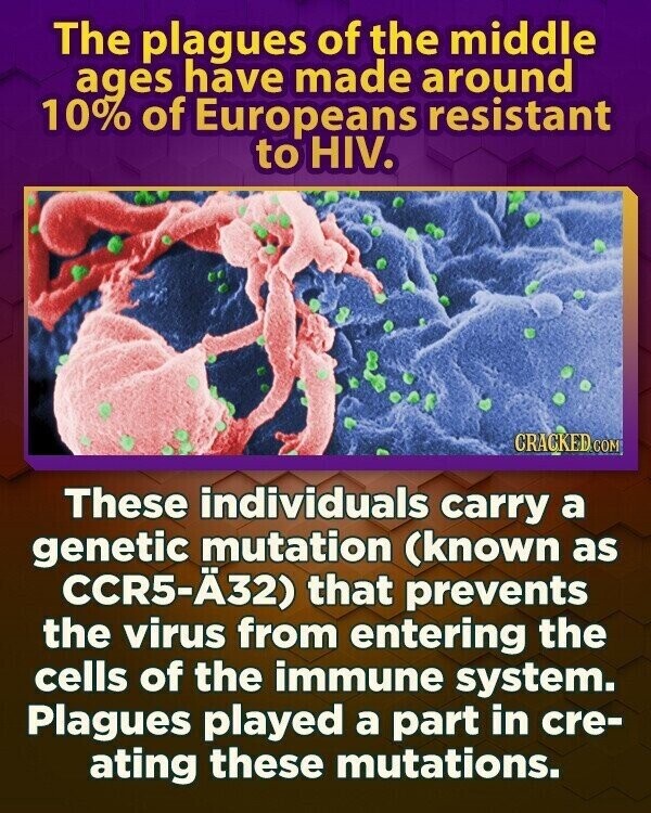 The plagues of the middle ages have made around 10% of Europeans resistant to HIV. CRACKED.COM These individuals carry a genetic mutation (known as CCR5-Ä32) that prevents the virus from entering the cells of the immune system. Plagues played a part in cre- ating these mutations.