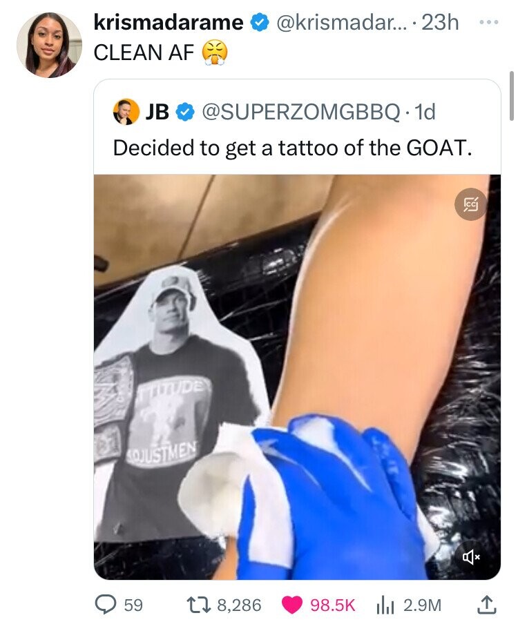 krismadarame @krismadar... 23h ... CLEAN AF JB @SUPERZOMGBBQ. dd Decided to get a tattoo of the GOAT. CC TTITUDE SOJUSTMEN . 59 8,286 98.5K 2.9M