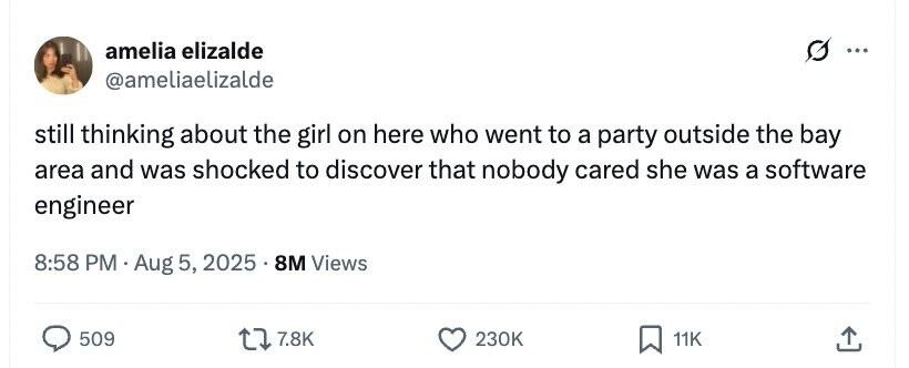amelia elizalde ... @ameliaelizalde still thinking about the girl on here who went to a party outside the bay area and was shocked to discover that nobody cared she was a software engineer 8:58 PM Aug 5, 2025 8M Views 509 7.8K 230K 11K 