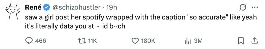 René @schizohustler 19h ... saw a girl post her spotify wrapped with the caption so accurate like yeah it's literally data you st .. id b..ch 466 11K 180K 3M 
