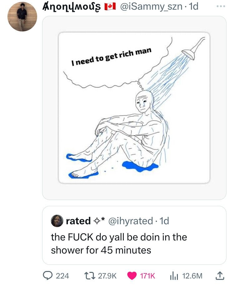 Anonymous @iSammy_szn. 1d ... I need to get rich man rated @ihyrated 1d the FUCK do yall be doin in the shower for 45 minutes 224 27.9K 171K 12.6M
