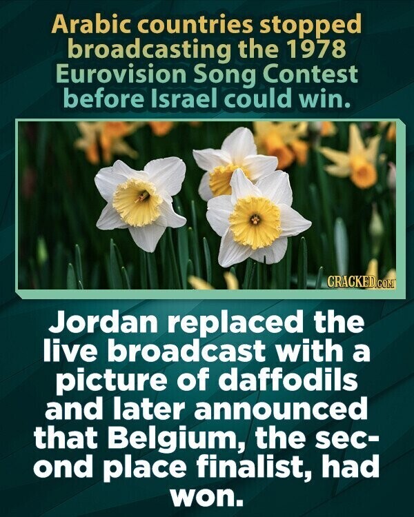 Arabic countries stopped broadcasting the 1978 Eurovision Song Contest before Israel could win. CRACKED.COM Jordan replaced the live broadcast with a picture of daffodils and later announced that Belgium, the sec- ond place finalist, had won.